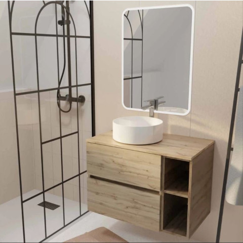 Meuble salle de bains 80 TIMBER Décor chêne Tiroirs + Module - Vasque Blanche - Miroir 60x80 LED Aurlane - PACM824