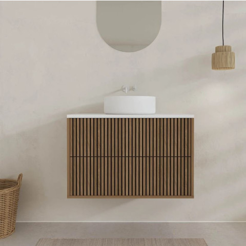 Meuble salle de bains 80cm 2 Tiroirs décor chêne et noir cranté - Plan et vasque blanche - YUKI Aurlane - PACM905