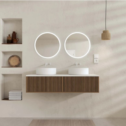 Meuble salle de bains 120 2 tiroirs décor chêne et Noir - Vasque et plan Blancs - Miroir LED 50 - YUKI Aurlane - PACM887