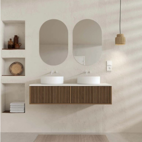 Meuble salle de bains 120 2 tiroirs décor chêne et Noir - Vasque et plan Blancs - Miroirs ovales - YUKI Aurlane - PACM890