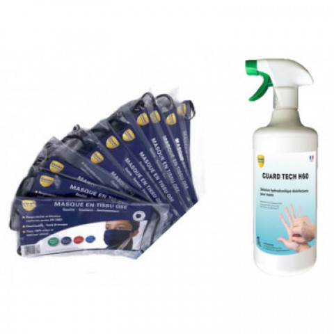 Pack hygiène guard - solution hydroalcoolique 1l + 10 masques 100% coton - protection covid 19 - 6 mois