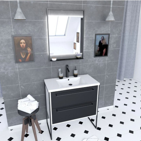 Pack meuble de salle de bain 80×50 cm Blanc - 2 tiroirs - Vasque résine blanche - Miroir LED Aurlane - PACM022
