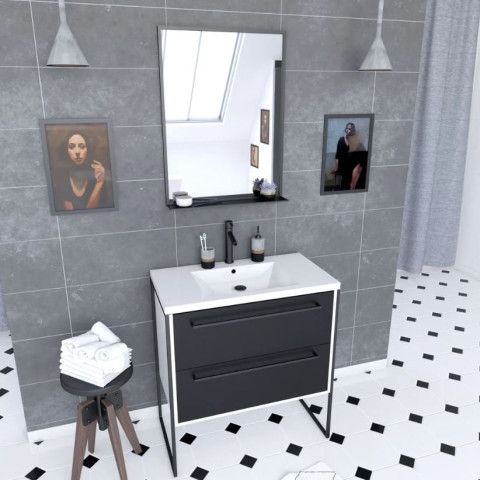 Pack meuble de salle de bain 80x50 Blanc - 2 tiroirs + vasque résine blanche + miroir noir mat Aurlane - PACM023