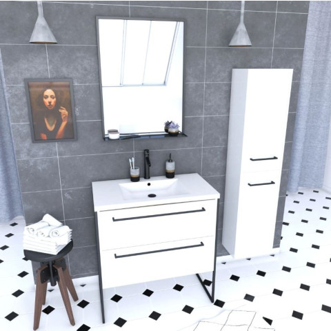 Pack meuble de salle de bain 80x50cm Blanc - 2 tiroirs blanc - vasque blanche + miroir noir mat Aurlane - PACM014