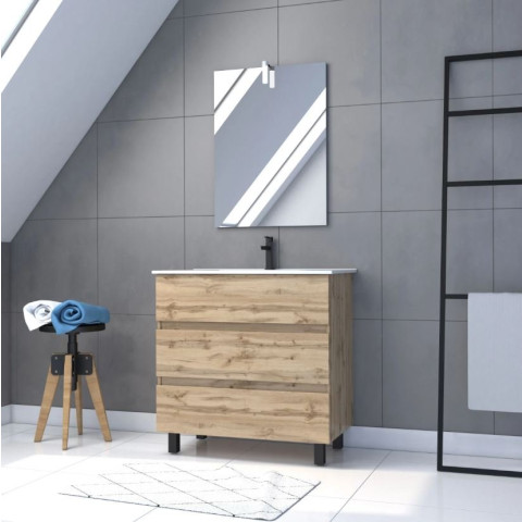 Pack Meuble SDB 80cm sur pieds 3 tiroirs chêne - Vasque blanche + Miroir Led - TIMBER 80_Pack47 Aurlane - PACM257