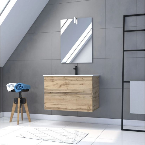 Pack Meuble SDB 80cm suspendu 2 tiroirs chêne - Vasque blanche + Miroir Led - TIMBER 80 - Pack37 Aurlane - PACM247