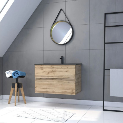 Pack Meuble SDB 80cm suspendu 2 tiroirs chêne + vasque noire + miroir Barber - TIMBER 80_Pack34 Aurlane - PACM244