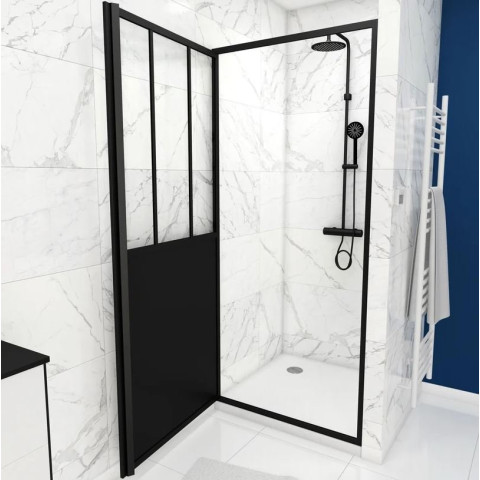 Pack Porte de Douche Atelier Pivotante Noire 90×200 cm et Receveur Blanc Effet Pierre 90x90x4 cm Aurlane - FAC420