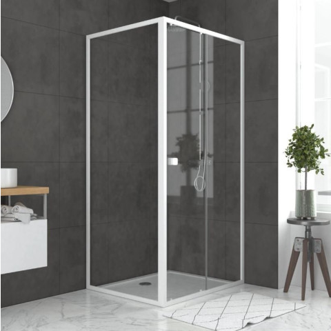 Pack porte de douche coulissante blanc 100x185cm + retour 80 verre transparent 5mm - WHITY SLIDE 100 Aurlane - PACF022