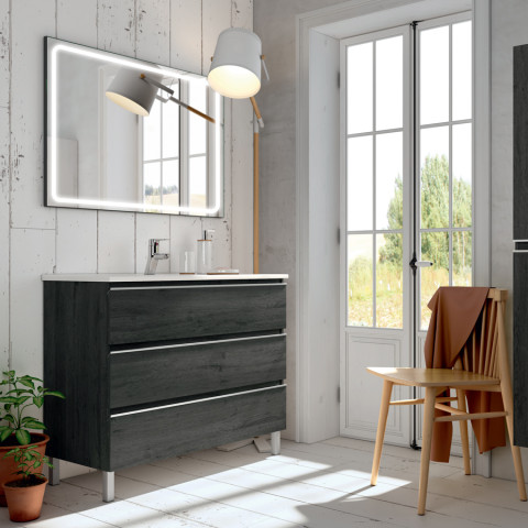 Meuble de salle de bain simple vasque - 3 tiroirs - palma et miroir led veldi - ebony (bois noir) - 80cm