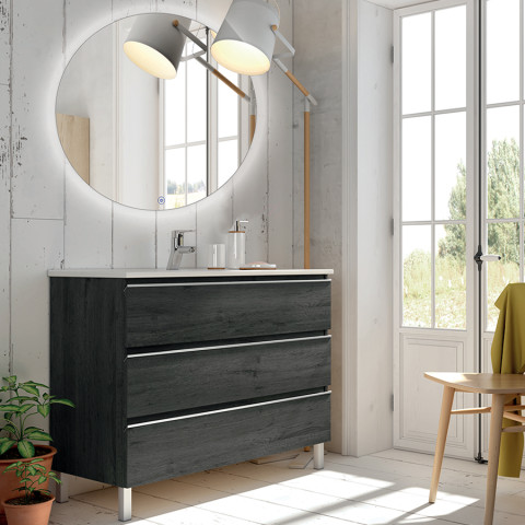 Meuble de salle de bain simple vasque - 3 tiroirs - palma et miroir rond led solen - ebony (bois noir) - 60cm