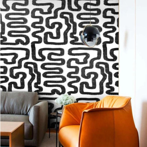 Papier peint à motif labyrinthe avec coups de pinceau noir - BRUSH++