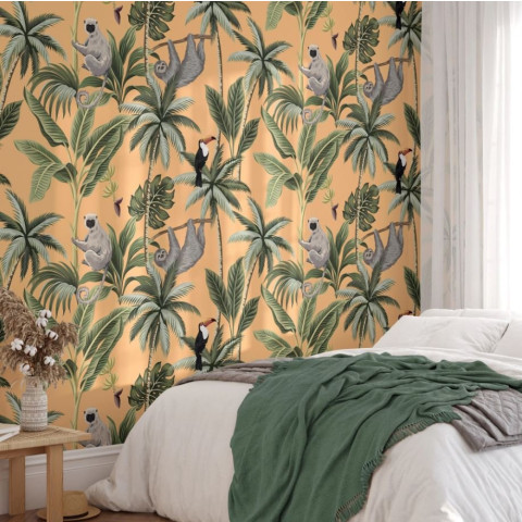 Papier peint singes de la jungle orange - JUNGLA ARANCIO++