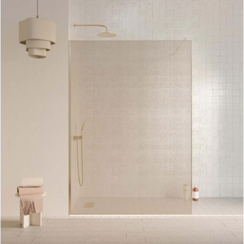 Paroi de douche 140x200 - Verre feuilleté avec tissu doré - Encadrement or brossé - COUTURE Aurlane - FAC1088