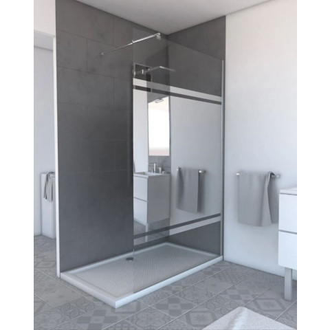 Paroi de douche 140x200cm - Bande miroir - Barre de fixation extensible et profil chrome - FREEDOM 2 MIRROR Aurlane - FAC452