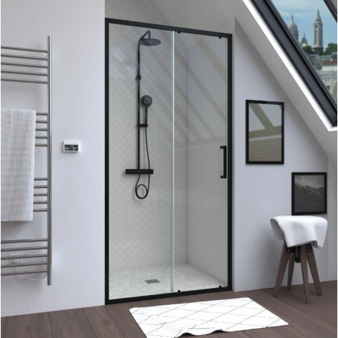 Paroi de douche 1 porte coulissante 100×200 cm - Verre transparent - Profilé Noir - CRUSH Aurlane - FAC606