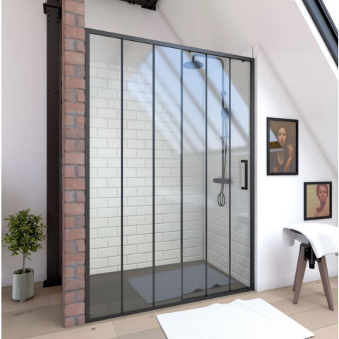 Paroi de douche 1 porte coulissante 140×200 cm - Verre sérigraphié - Profilé Noir - CRUSHX Aurlane - FAC593