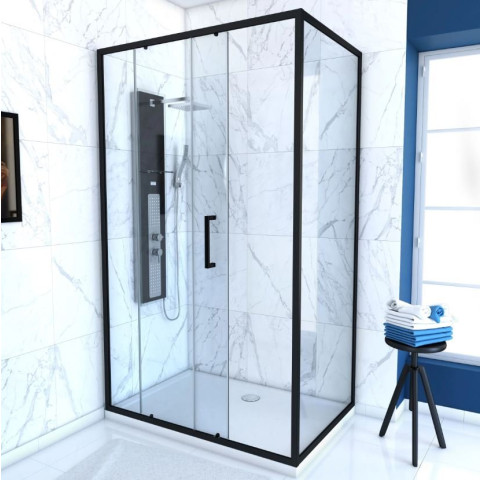 Paroi de douche 1 porte coulissante + Retour 100x90x200 cm - Verre 6 mm - Profilé Noir - CRUSH Aurlane - FAC619