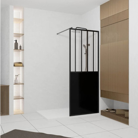 Paroi de douche 80x200 cm type verrière - Verre trempe et Structure aluminium noir mat - GLASSY Aurlane - FAC931
