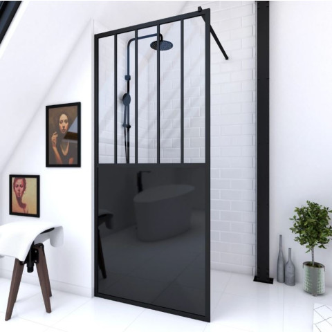 Paroi de douche 90x200 cm type verrières - Verre trempe et structure aluminium noir mat Aurlane - FAC504