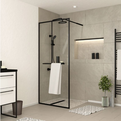 Paroi de douche Noir mat 80x200cm - Porte-serviette et étagère - DARK CONTOURING SHELF Aurlane - FAC755