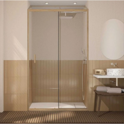 Porte de douche coulissante 120x200cm - Profilés aluminium effet Bois - Verre 6mm - WOOD CRUSH Aurlane - FAC1074