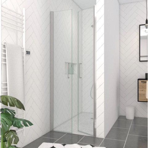 Porte de douche double battant 80x200cm - Verre trempé transparent 6mm - Profil Chromé FLAPPY CHROMED Aurlane - FAC225