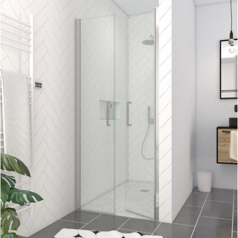 Porte de douche double battant 90x200cm - Verre trempé transparent 6mm - Profil chromé Aurlane - FAC228