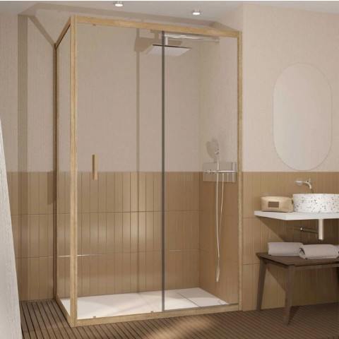 Porte de douche pivotante et retour 120x80x200cm - Profilés alu effet bois - Verre trempé 6mm - WOOD CRUSH Aurlane - PACF503