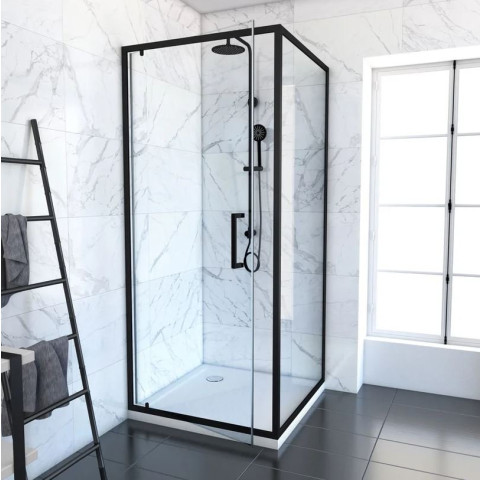 Porte de douche pivotante et retour 90x90x200 - Profilés noir mat - CRUSH PIVOTANTE Aurlane - FAC625