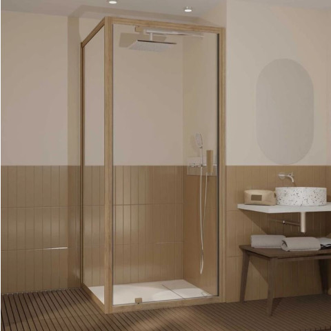 Porte de douche pivotante et retour 90x90x200cm - Profilés alu effet bois - Verre trempé 6mm - WOOD CRUSH Aurlane - PACF502