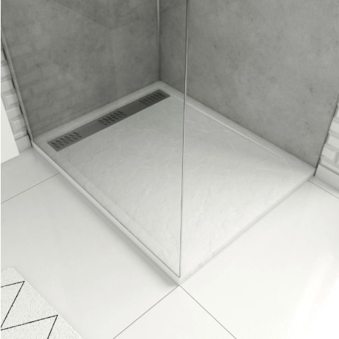 Receveur en acrylique Blanc effet pierre 80x100x4 cm - Grille linéaire chrome – MOON Aurlane - FAC610