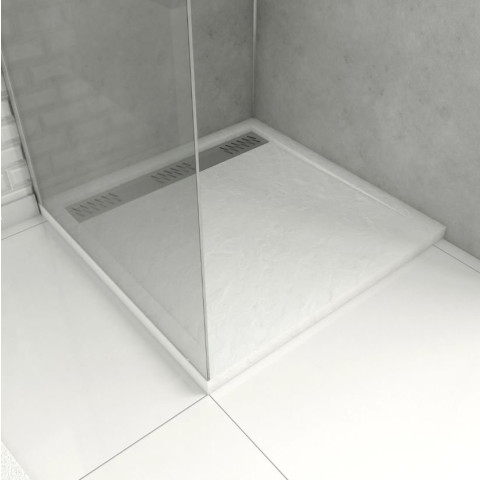Receveur en acrylique Blanc Effet Pierre 90x90x4 cm - Grille Linéaire Chrome - MOON Aurlane - FAC609