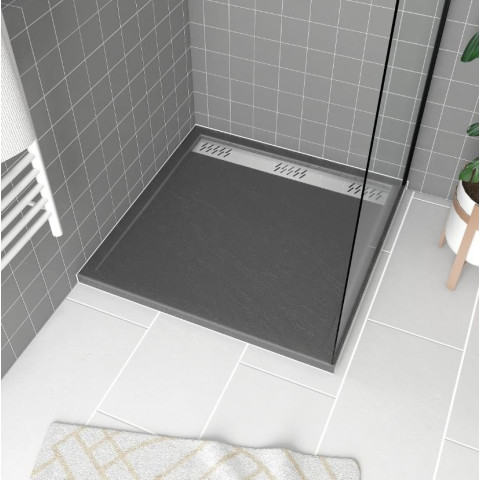 Receveur en acrylique Gris Effet Pierre 90x90x4 cm - Grille Linéaire Chrome - METEORA Aurlane - FAC391