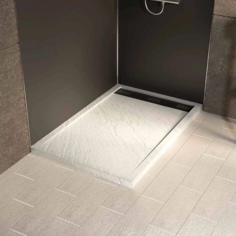 Receveur en acrylique MOON Blanc effet pierre 80x120x4 cm grille linéaire Noire Aurlane - FAC1022