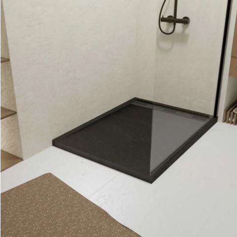 Receveur en acrylique Noir effet pierre 90x120x4 cm + Grilles linéaires chrome et Gun métal - METEORA Aurlane - PACR309