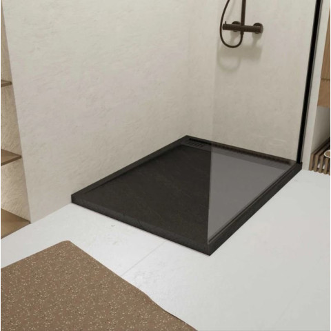 Receveur en acrylique Noir effet pierre 90x120x4 cm + Grilles linéaires chrome et Noire mate - METEORA Aurlane - PACR308