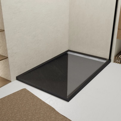 Receveur en acrylique Noir Effet Pierre 90x140x5 cm - Grille Linéaire Chrome - METEORA Aurlane - FAC1054