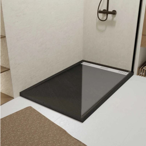 Receveur en acrylique Noir effet pierre 90x140x5 cm + Grilles linéaires chrome et Blanche mate - METEORA Aurlane - PACR310