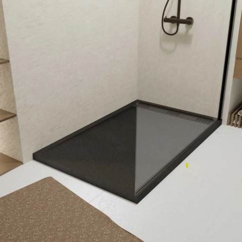 Receveur en acrylique Noir effet pierre 90x140x5 cm + Grilles linéaires chrome et Gun métal - METEORA Aurlane - PACR313