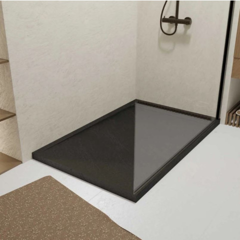 Receveur en acrylique Noir effet pierre 90x140x5 cm + Grilles linéaires chrome et Noir mate - METEORA Aurlane - PACR312