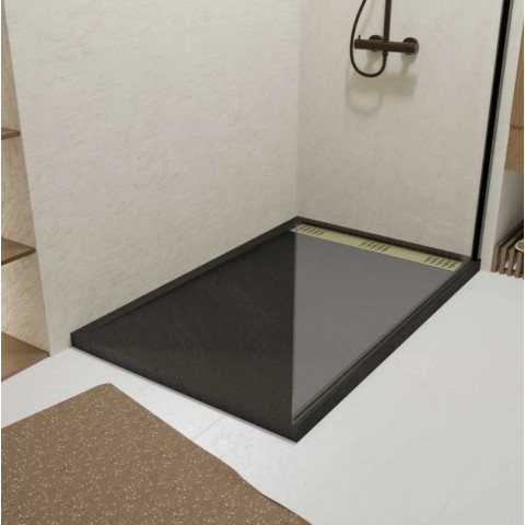 Receveur en acrylique Noir effet pierre 90x140x5 cm + Grilles linéaires chrome et Or Brossé - METEORA Aurlane - PACR311