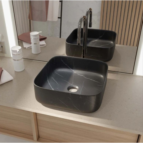 Vasque à poser carrée en céramique noire mat effet marbre 38x38x14 cm - BLACK MARBLE Aurlane - VAS073