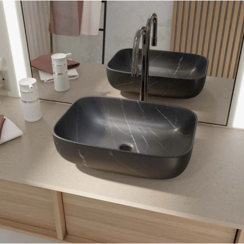 Vasque à poser rectangulaire en céramique noire mat effet marbre 46x32x13.5 cm - BLACK MARBLE Aurlane - VAS074