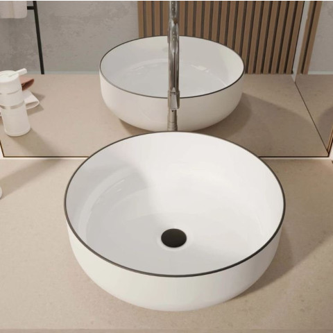 Vasque à poser ronde en céramique Ø42x14 cm - Blanc et liseré noir Aurlane - VAS070