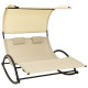 Transat chaise longue bain de soleil lit de jardin terrasse meuble d'extérieur double avec auvent textilène crème helloshop26 02_0012720