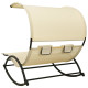 Transat chaise longue bain de soleil lit de jardin terrasse meuble d'extérieur double avec auvent textilène crème helloshop26 02_0012720 