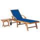 Transat chaise longue bain de soleil lit de jardin terrasse meuble d'extérieur 195 cm avec table et coussin bois de teck solide helloshop26 02_0012651