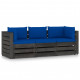 Canapé de jardin 3 places avec coussins bois imprégné de gris bleu