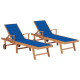 Lot de 2 transats chaise longue bain de soleil lit de jardin terrasse meuble d'extérieur avec coussin bleu royal teck solide helloshop26 02_0012028
